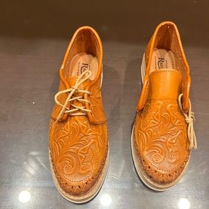 Artesania’s Raguer loafers, tooled leather, NWOT